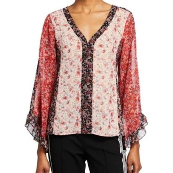 Nanette Lepore floral butterfly sleeves bohemian gypsy saloon pullover blouse M - Picture 1 of 15